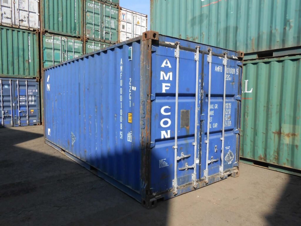 cheap shipping containers in a storage yard