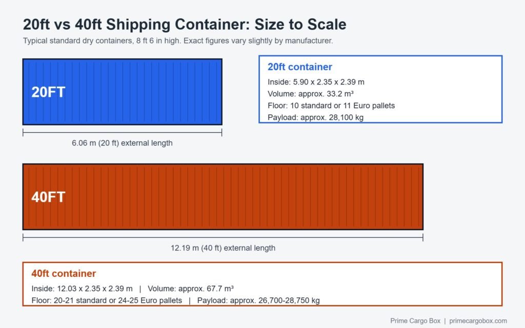 20ft vs 40ft shipping container size comparison diagram