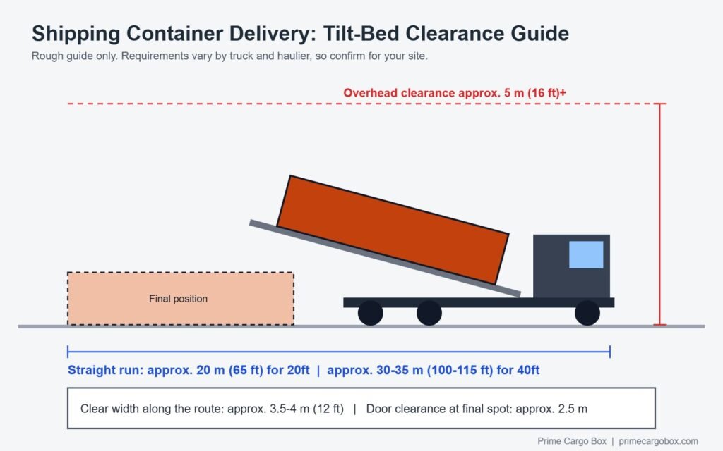 shipping container delivery tilt-bed clearance guide